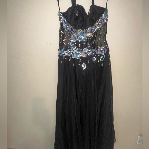 PARTYTIME Black MANY RHINESTONES Sz 16 Gown Prom Party Pageant Turquoise - Picture 7 of 13